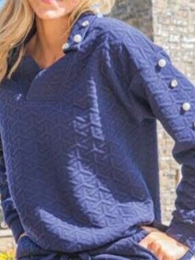 Simply Southern Navy V-Neck Sweater with Pearl Rhinestone Studs
